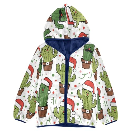 Christmas Cactus with Santa Hats Toddler Fleece Jacket Girl Boys Hooded Fleece Jacket Coat Warm Outwear Zip-up 3-10T