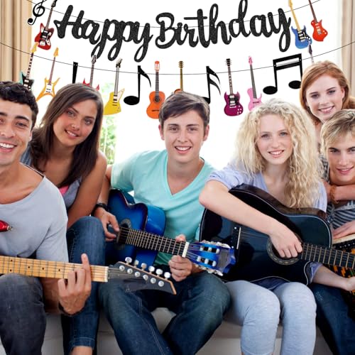 Image of Hooqict Happy Birthday Banner Guitar Birthday Party Decorations Music Party Banner Garland Sign for Rock and Roll Guitar Party Decorations Supplies