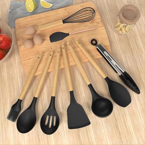 Kitchen Utensil Set, 12 PCS Silicone Cooking Utensils Set with Wooden Handle, Heat Resistant, Nonstick Cookware Tongs Spatula Spoon Set, Dishwasher Safe, Best Kitchen Tools (Black) - Image 6