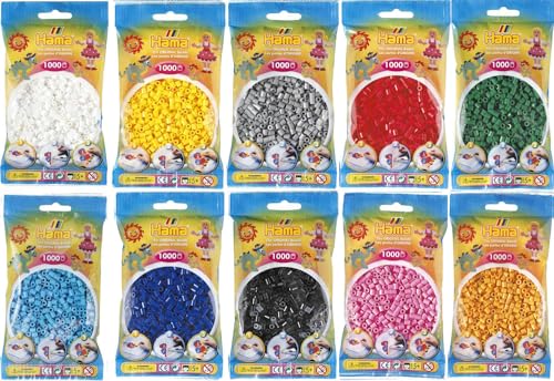 Happy Price Toys - Hama Midi Bügelperlen Konvulut - Weiss 01,Gelb 03,Rot 05,Hellblau 09,Grün 10,Grau 17,Schwarz 18,Pastell Blau 46,Pastell Pink 48,Teddybärenbraun 60, (10 Farbenmix3)