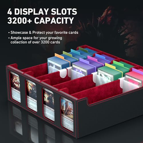 Image of 4-Row Trading Card Storage Box, Bulk Cards Case for 3200+ Mtg tcg Magic Playing Game Card Organizer, Commander Deck Box with 4 Supports & 24 Dividers & Strap