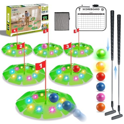 TERRAMUS Light Up Golf Play Set - Upgraded Kids Toy Golf Putting Game Set with 6 LED Targets, 2 Clubs, 6 Balls (2 Glow), Night Golf Toys Gifts for Kids Golfers Family Indoor Outdoor Beach Lawn Park
