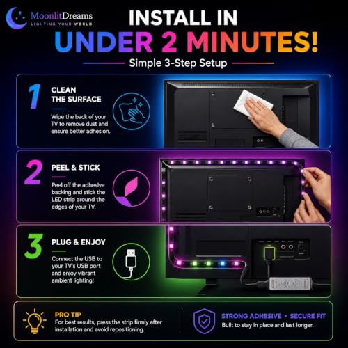 Image of MoonlitDreams RGB LED Strip Light for TV Backlight, USB Powered Flexible Color Changing Light with Mini Controller, Multicolor Mood Lighting for Gaming Desk, PC Monitor, Bedroom & Home Decor, 2 Meter