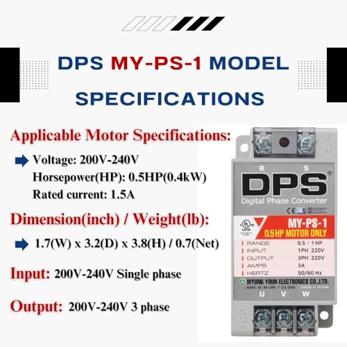 Image of DPS Single to 3 Phase Converter, My-PS-1 Model is Used for a 0.5HP(0.4kW) 1.5Amps 200-240V 3 Phase Motor, Input /Output 200V-240V, UL /CE Certified