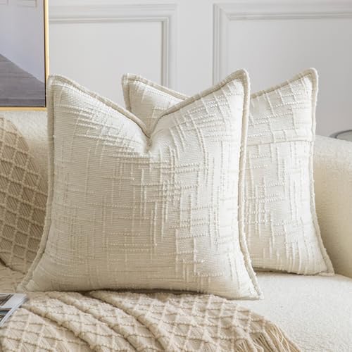Image of MADIZZ Pack of 2 Chenille Throw Pillow Covers 24x24 Inch Cream White Soft Neutral Decorative Throw Pillows for Couch Sofa Boho Accent Cushion Covers Modern Farmhouse Home Decor for Bedroom Living Room