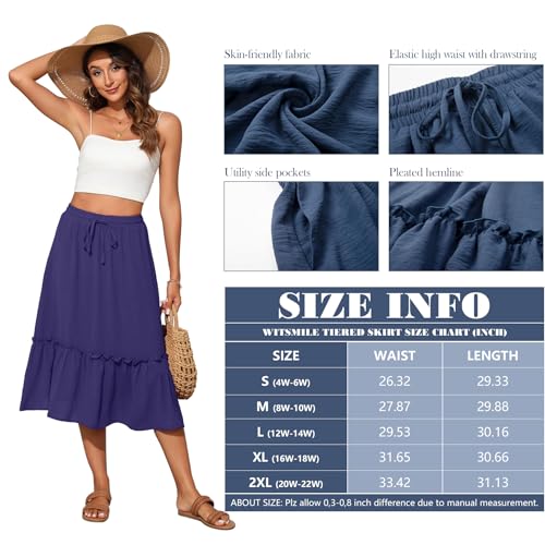 Image of Witsmile Summer Skirts Midi Length Flowy Pleated Tiered Skirts for Women 2026 Dressy Casual(Deep Blue,XL)