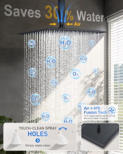 Image of Woindo 4 Function Shower Faucet Set 12 inch Rain Shower Head /6'' Side Shower Head and 3 Setting Handheld Ceiling Mount Push Button Diverter Complete Rainfall Round Shower System Included Valve Trim Kit