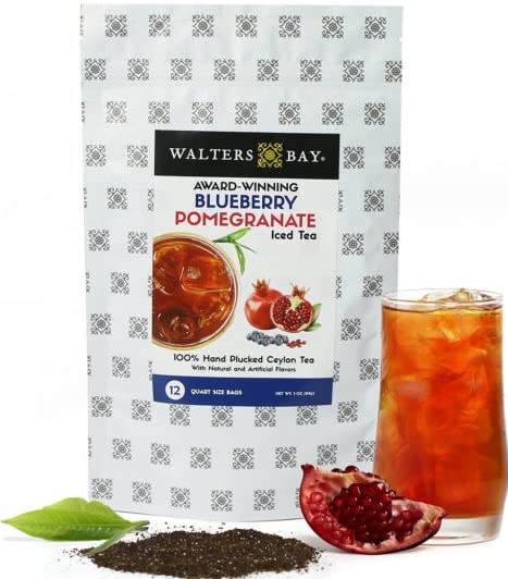 Walters Bay Blueberry Pomegranate Iced Tea, 12 Count, Quart Sized Tea Bags, Ceylon Black Tea, Unsweetened, Wild Blueberry Pomegranate Flavor, 100% Hand Plucked, Sri Lankan Tea