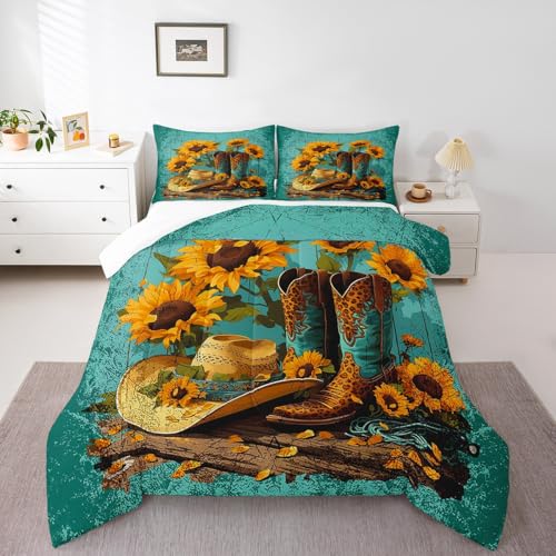 Image of Feelyou Queen Western Cowboy Bedding Set Kids Sunflower Comforter Set Boys Girls Cowboy Boots Bedding Set Teens Wooden Plank Duvet Set Bedroom Decor Microfiber Bed Set