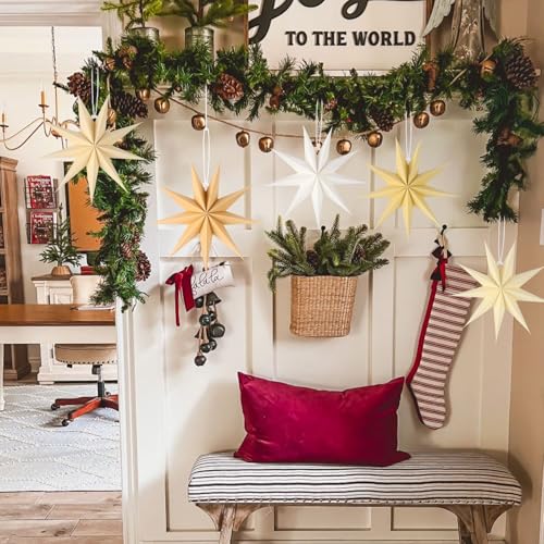 Image of 12 Inches 5 PCS Natural Beige Paper Star Lanterns Christmas Party Decorations Hanging Stars Wedding Birthday Christmas Home Party Decorations(9 Pointed)