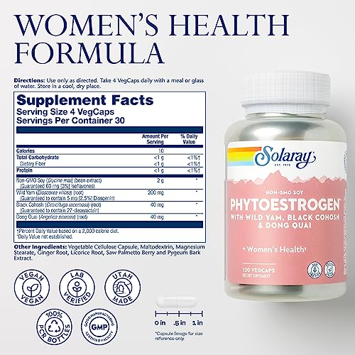Image of SOLARAY PhytoEstrogen Menopause Supplements - Wild Yam, Black Cohosh, and Dong Quai Estrogen Pills for Women's Health - Vegan, Lab Verified, 60-Day Guarantee (30 Servings, 120 VegCaps)