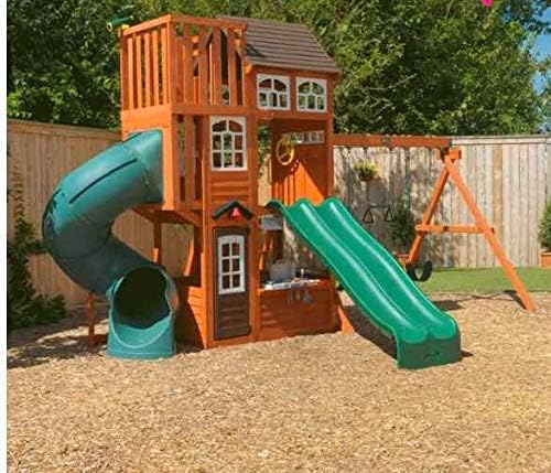 KidKraft Cedar Summit Play Center showing the double slide and lower play area