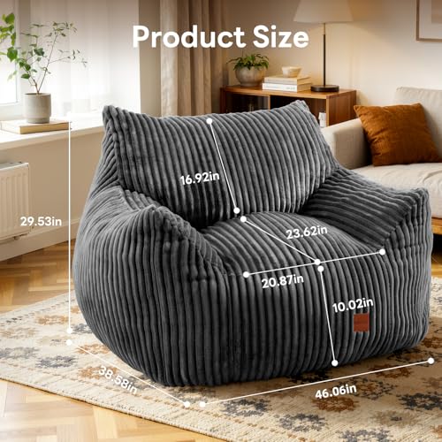 Image of Giant Bean Bag Chair, Oversized Bean Bag Couch for Adults, Fluffy Corduroy BeanBag with Armrests for Living Room, Bedroom, Dorm Vacuum-Compressed for Easy Gifting, 48h to Expand, Dark Gray