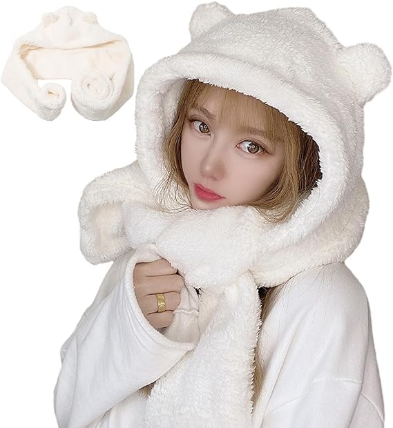 Gorro con orejas de oso, bufanda 3 en 1, gorro de oreja de oso Kawaii, bufanda cálida de invierno, blanco, talla única