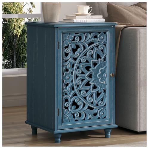 Image of Small Accent Cabinet with Door, Storage Cabinet with Adjustable Shelf, Distressed End Table with Solid Wood Legs, Sofa Side Table for Kitchen, Dining Room, Bedroom, Blue
