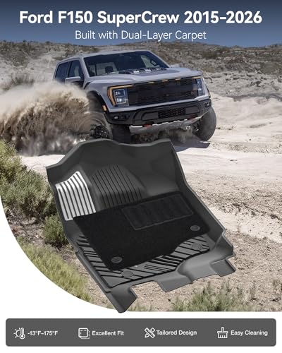 Image of 3W Floor Mats (with Metal Pedals)&Carpets Fit for Ford F-150 2015-2026 & F150 Lightning 2022-2025 SuperCrew, TPE All Weather Car Mats Custom Fit Accessories (w /s Original fold Under-Seat Storage Box)