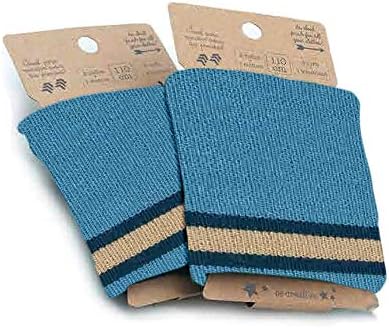 Haberdashery Online Stretch knit fabric, to finish off garments, perfect for 2 cuffs + 1 waistband, black with golden stripes and Lurex thread. 110 cms x 8 cms. Model 1