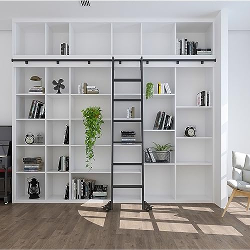 Kit de escalera corrediza con riel negro de 5m y rodillo de piso para biblioteca 3