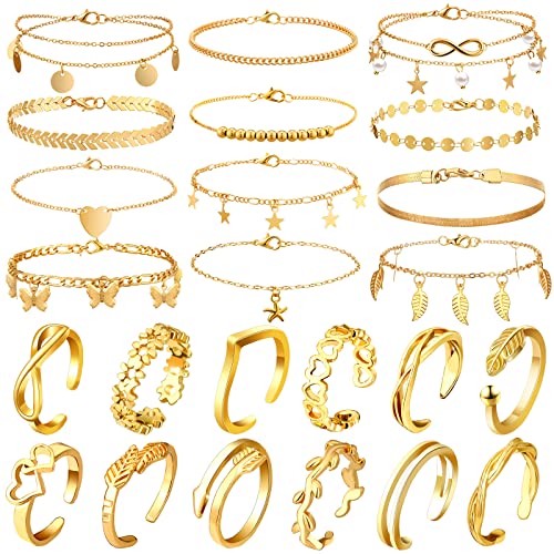 Sasylvia 24 Pcs Anklet and Toe Ring Set for Women Girl Silver Gold Layered Anklet Chain Adjustable Open Toe Ring Foot Jewelry