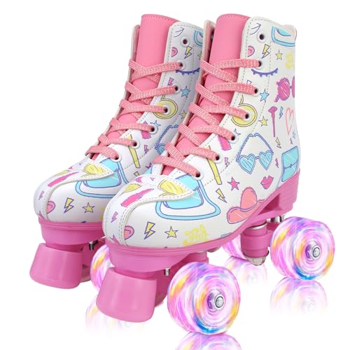 XUDREZ Rollschuhe Tribolumineszenz Rollschuhe Kinder und Erwachsene Rosa Druck Quad-Skates Leuchtenden Rädern Verstellbare Für Mädchen, Damen und Anfänger (White,35) XUDREZ Rollschuhe Tribolumineszenz Rollschuhe Kinder und Erwachsene Rosa Druck Quad-Skates Leuchtenden Rädern Verstellbare Für Mädchen, Damen und Anfänger (White,35)