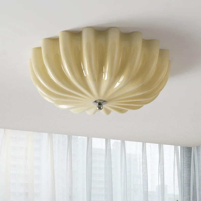 Bofea LED Flush Mount Vintage Yellow Glass Hallway Ceiling Lamp - Mid Century Overhead Light with Ribbed Glass Shade - Farmhouse Ceiling Light for