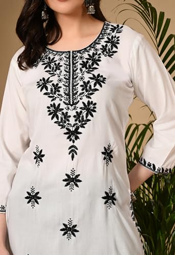Image of LIBOZA Women's Chikankari Embroidered Short Kurti, Rayon Fabric, Three-Quarter Sleeves, Available in Pink, Black, Mustard Yellow, White, Pista and Green