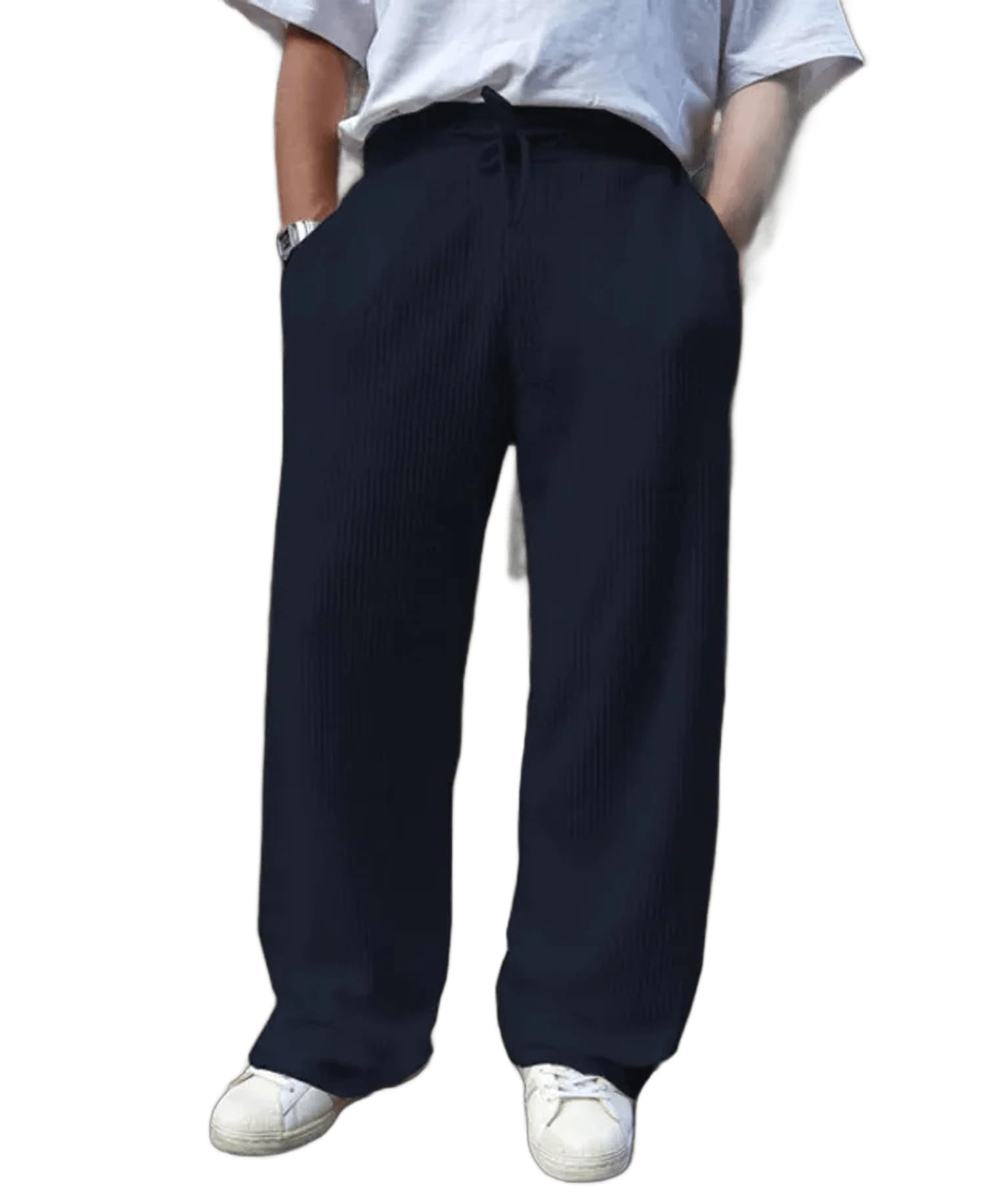 Navy Waffle Knitted Fabric Baggy Track Pants For Men-picture-55