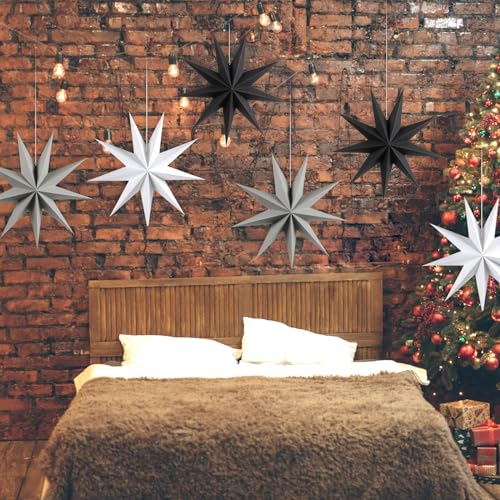 Image of SUNBEAUTY 3 Pcs 9-Pointed Paper Star Lanterns 12 Inch Hanging Lampshade Wedding Birthday Christmas Home New Year Party Decorations