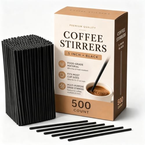 KORCCI Coffee Stirrers 500 Count, 5 Inch Disposable Plastic Stir Sticks for Coffee & Drinks, Food-Grade Stirrers for Office, Coffee Bar, Restaurant, Home, Party Supplies