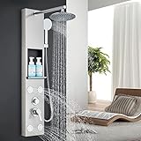 AWorddy Columna de ducha de hidromasaje sin mezclador moderno panel de ducha con estante, alcachofa y ducha para bañera de acero inoxidable