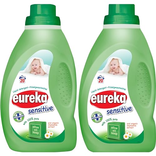Eureka Sensitive Baby Laundry Detergent – 2 x 1L (2L) – Hypoallergenic, Gentle Liquid for Baby Clothes, 100% Olive Oil Soap & Organic Chamomile – Fragrance-Free, Dermatologically Tested