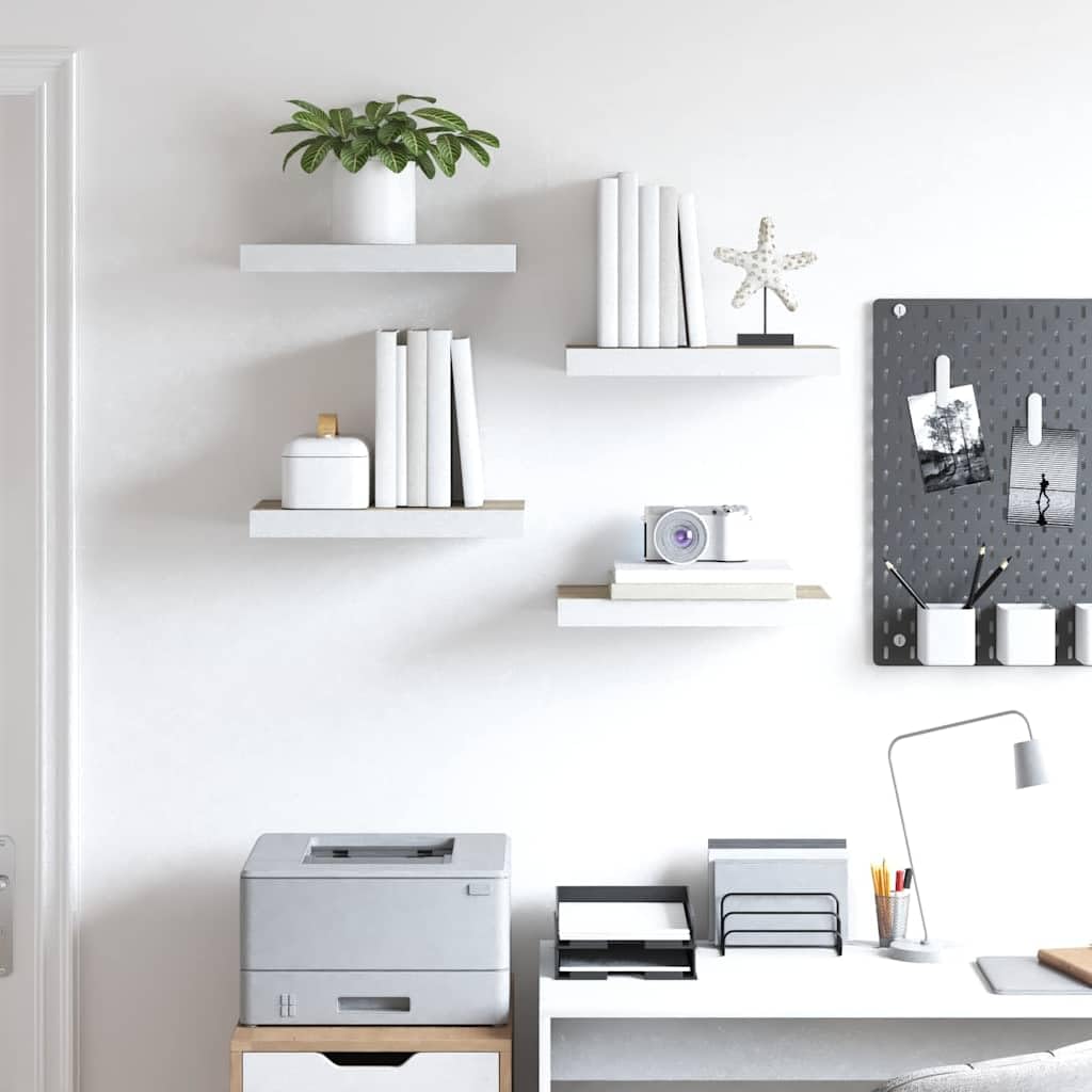 Juego de 4 estantes flotantes, roble blanco, 50 x 23,5 x 3,8 cm, estantes de pared de MDF de abeja, metal, montaje invisible, salón, dormitorio, cocina, baño, pasillo