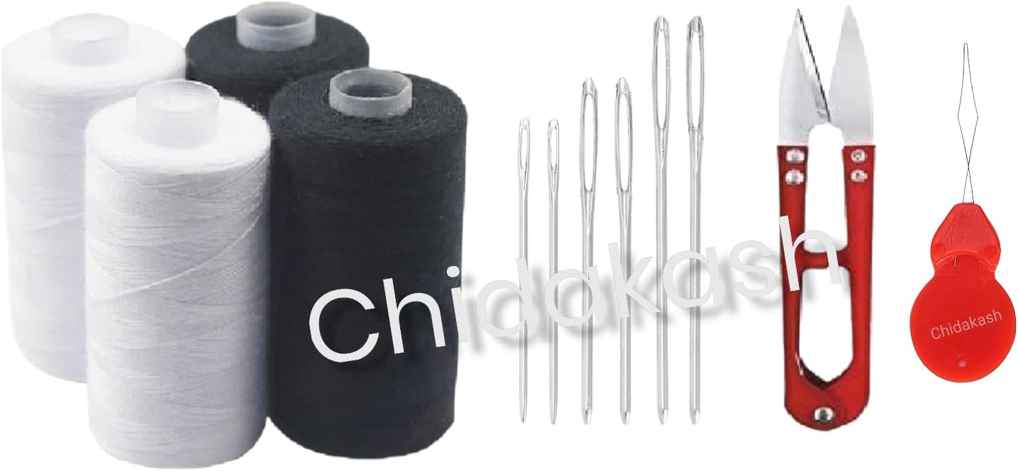 Chidakash® 4 Pcs Threads 800M Strong and Durable Sewing Threads for Clothes Sewing Accessories White Black with 6 Pcs Different Size Steel Sewing Needle and Thread Cutter
