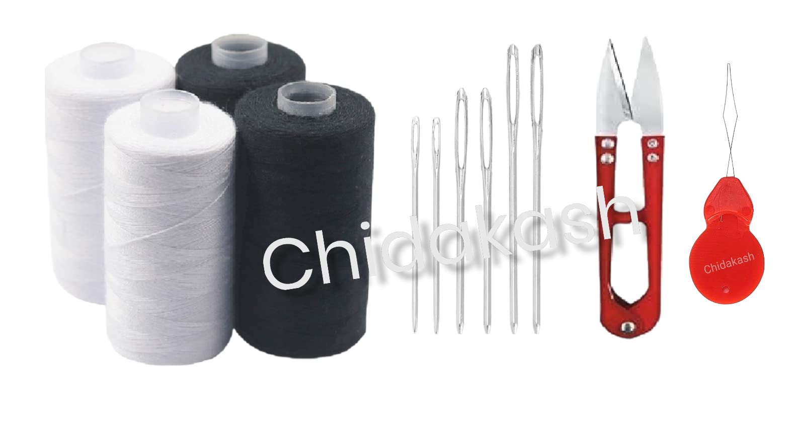 Chidakash® 4 Pcs Threads 800M Strong and Durable Sewing Threads for Clothes Sewing Accessories White Black with 6 Pcs Different Size Steel Sewing Needle and Thread Cutter