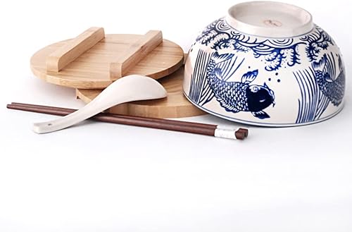Miniatura 2 de Happy Sales HSKM-BLEKOI cuenco de ramen de fideos de arroz japonés Kamameshi con tapa de bambú palillos y cuchara de porcelana juego de cuencos azul