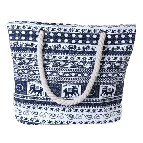 FAVORTALK Elephant Tote Bag Beach Bag Women's Handbags & Shoulder Bags Holiday Canvas Summer Soft Handle with Zip(Classic Blue Elephant),B26202
