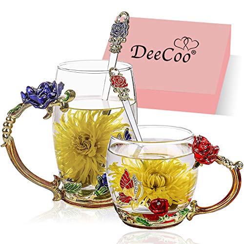 Tea Cup Glass Coffee Mugs (12 oz), Pack of 2 Fancy Tea Cups, Clear Glass Cups with Spoon Set, Mother's Day Gifts, Handmade Butterfly, Rose Flower Enamel Design, Birthday Decoration Wedding Gift Ideas