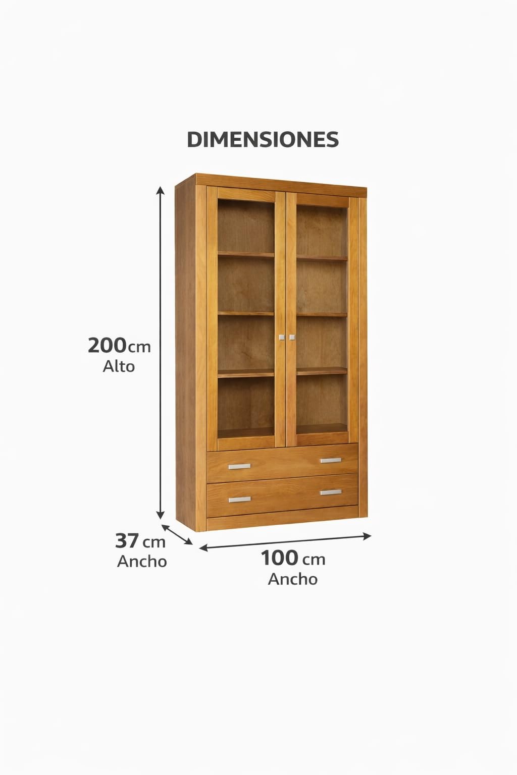 Vitrina 2 Puertas Y Dos cajones, Serie Kalpe. Medidas 200X100X37 (Alto-Ancho-Fondo). Realizada en Madera de Pino Macizo. (Cerezo)