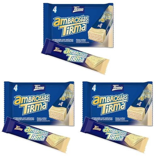 Tirma Ambrosía Cubierta de Chocolate Blanco | Barritas de Barquillos Rellenos de Crema y Bañados en Chocolate Blanco | Chocolatinas Canarias Envasadas Individualmente | 4 uds, 86g (Paquete de 3)