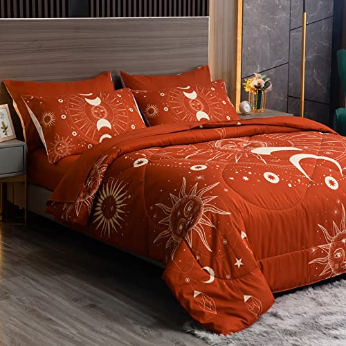 Intomeng Burnt Orange Comforter Set Queen 7 Pieces Sun And Moon Celestial Bed In A Bag Full Lightweight Terracotta Bedding Comforter Set With Sheets And Pillowcases Super Soft #TOP5