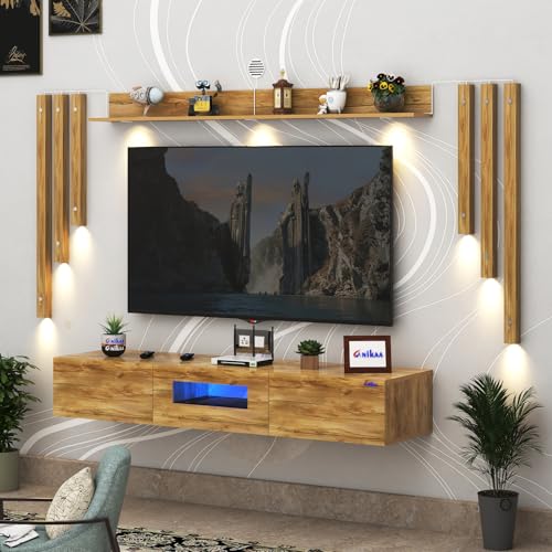 Image of Anikaa LucenNote Engineered Wood Wall Mount TV Unit with Acrylic Blue LED Storage Box, Wooden Accent Spotlight Panels for Living Room, Fits Up to 55 Inch TV, Giantwood DIY Installation