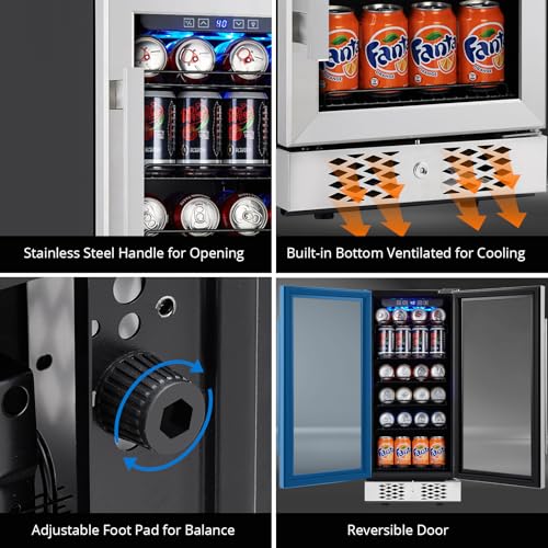 Beverage Refrigerator and Cooler, 96 Cans Built-in or Freestanding Beverage Cooler with Glass Door, Adjustable Shelves & LED Lights, Under Counter Beer Fridge for Home Office Bar