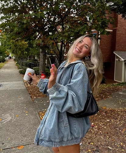 Women's Oversized Fit Hooded Vintage Washed Denim Bomber Jacket with Front Zip Closure3