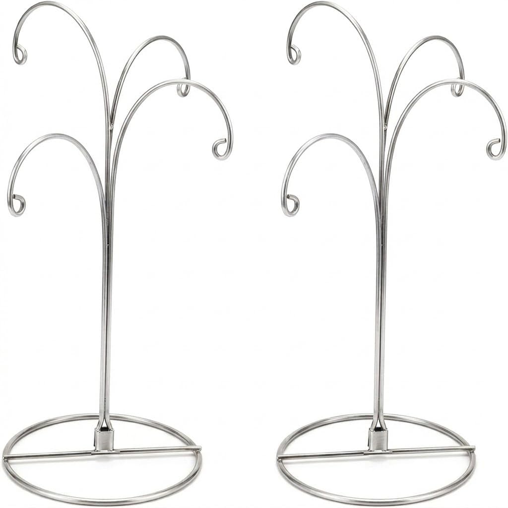 HOHIYA Ornament Display Stand 12 Inch 4-Arm Metal Holder for Christmas Ornaments Glass and Crystal Ball Decorations Art Craft Hanging Hanger Chrome Silver 2 Pack