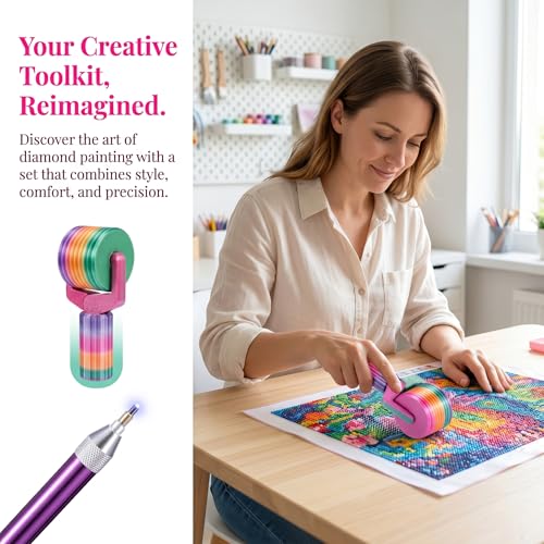 Image of Diamond Painting Roller & Pen, 2Pcs Detachable Roller for Straightening & Pressing, Light-up Painting Pen with Glue Clay & Tips, Comfortable & Fast, 5D Diamond Art Tools for Diamond Paintings Hobby