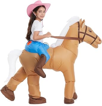 Inflatable Child Horse Rider Costume Boys Girls | 360 Degree Detailed 3D Design, Durable Fabric, Powerful Fan, More Flexible Structure to Fit, Better for Various Occasions