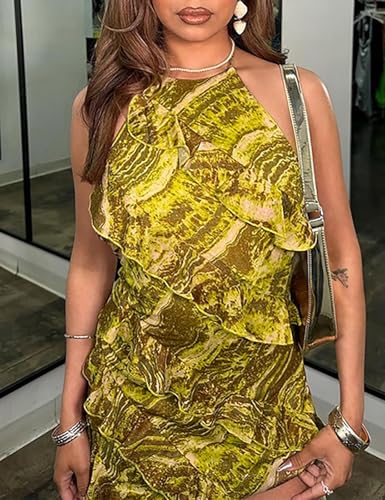 Image of Yuopeid Women's Sexy Halter Neck Backless Printed Mini Dress Floral Layered Ruffle Bodycon Short Party Dress