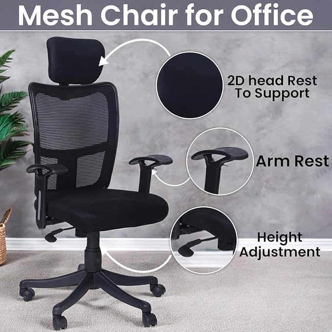 Image of Ergonomic Office Chair with Headrest, Mesh Back, Adjustable Arms, Black