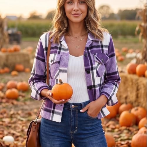 Elneeya Womens Plaid Jacket Cropped Casual Button Up Collared Fall Coat - image 2