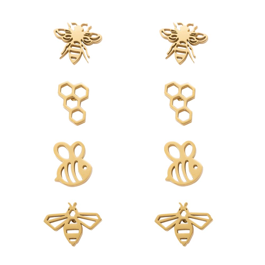 4Pairs Bee Earrings for Women Cute Bumble Bee Earring Stainless Steel Honeycomb Honeybee Earrings Trendy Jewelry Gift Stuff 1Gold